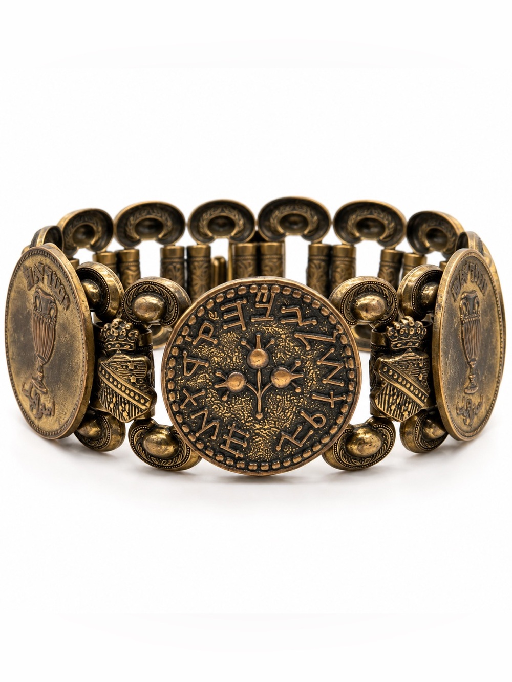 Vintage Hebrew Judaica Bracelet, Ornate Coin Style Medallion Bracelet